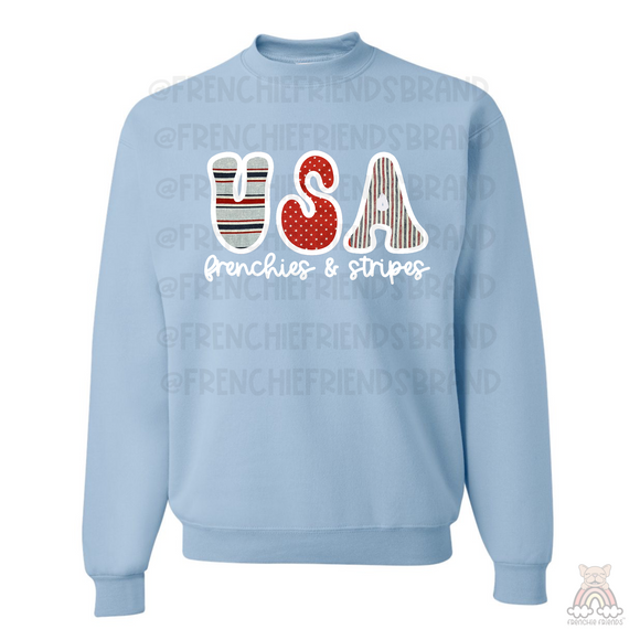 French Bulldog Embroidered Crewneck | USA Frenchies & Stripes Embroidered Applique Crewneck