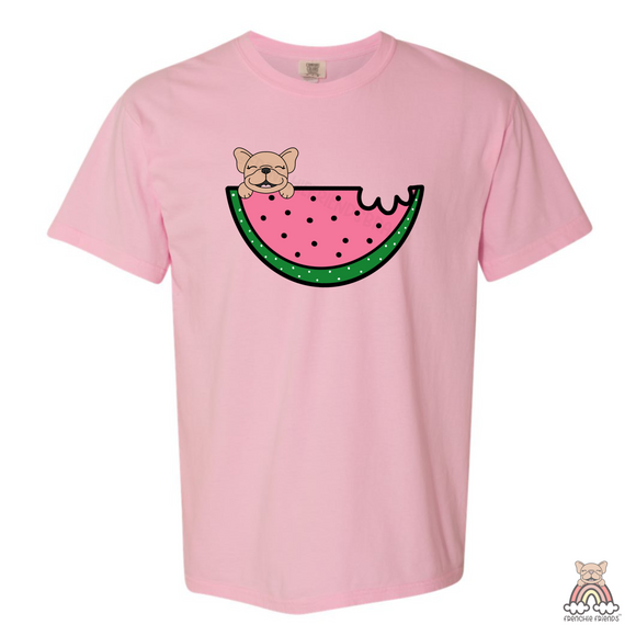 French Bulldog Embroidered T-Shirt | Watermelon Sugar Frenchie Embroidered T-Shirt